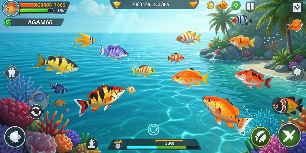 Tampilan gameplay AGAM66 dengan banyak ikan yang menunggu untuk ditangkap.