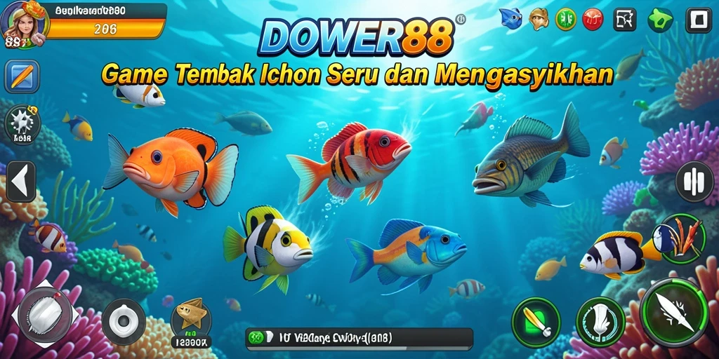 Screenshot gameplay DOWER88 yang menunjukkan aksi menembak ikan.