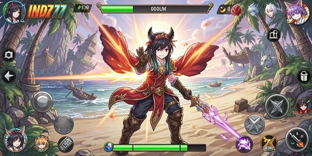 Tangkapan layar utama IND777 menampilkan aksi karakter anime yang menegangkan.