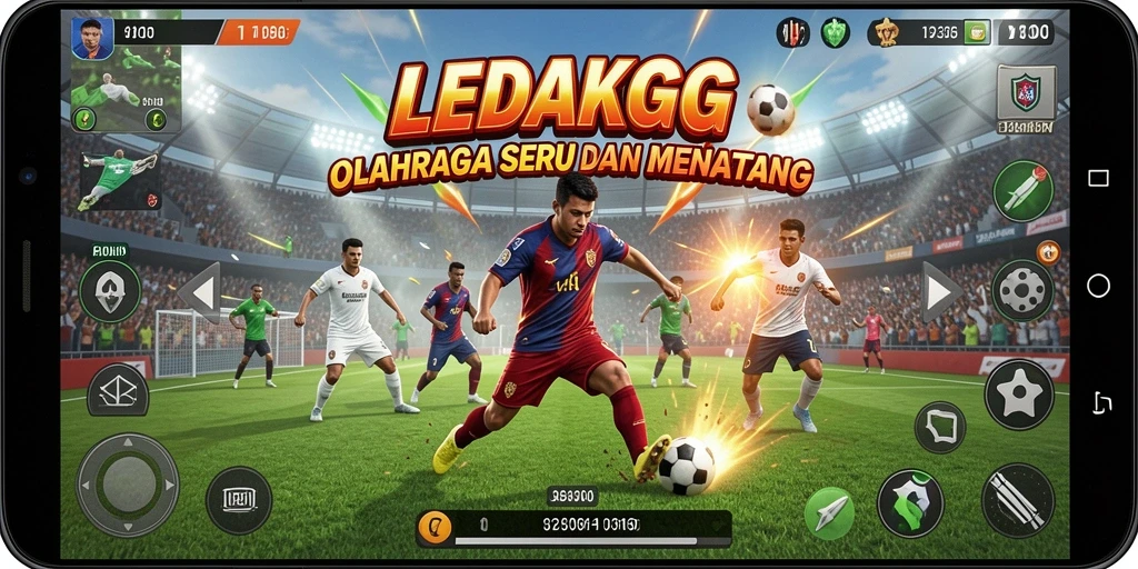 Screenshot utama LEDAKGG menunjukkan momen menegangkan dalam pertandingan olahraga.