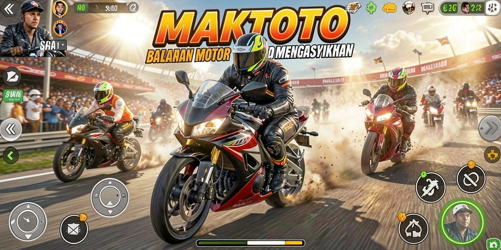 Gameplay seru dalam balapan motor di MAKTOTO.
