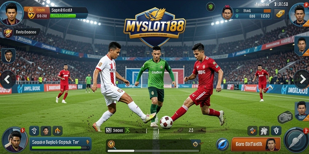 Tampilan game MYSLOT188 dengan aksi pertandingan sepak bola yang seru.