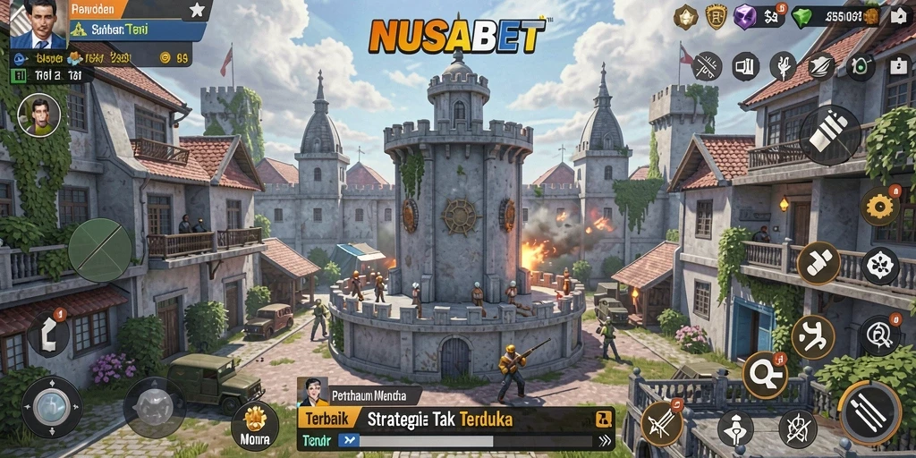 Tampilan utama NUSABET dengan menara dan musuh dalam permainan Tower Defense.